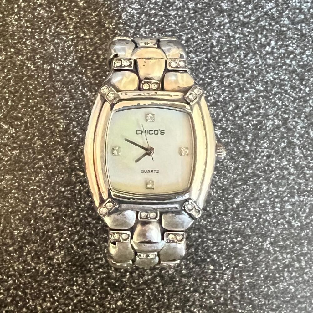 Chico’s Silver Tone Crystal Accent Bangle Cuff Watch Tonneau Face Japan Movt